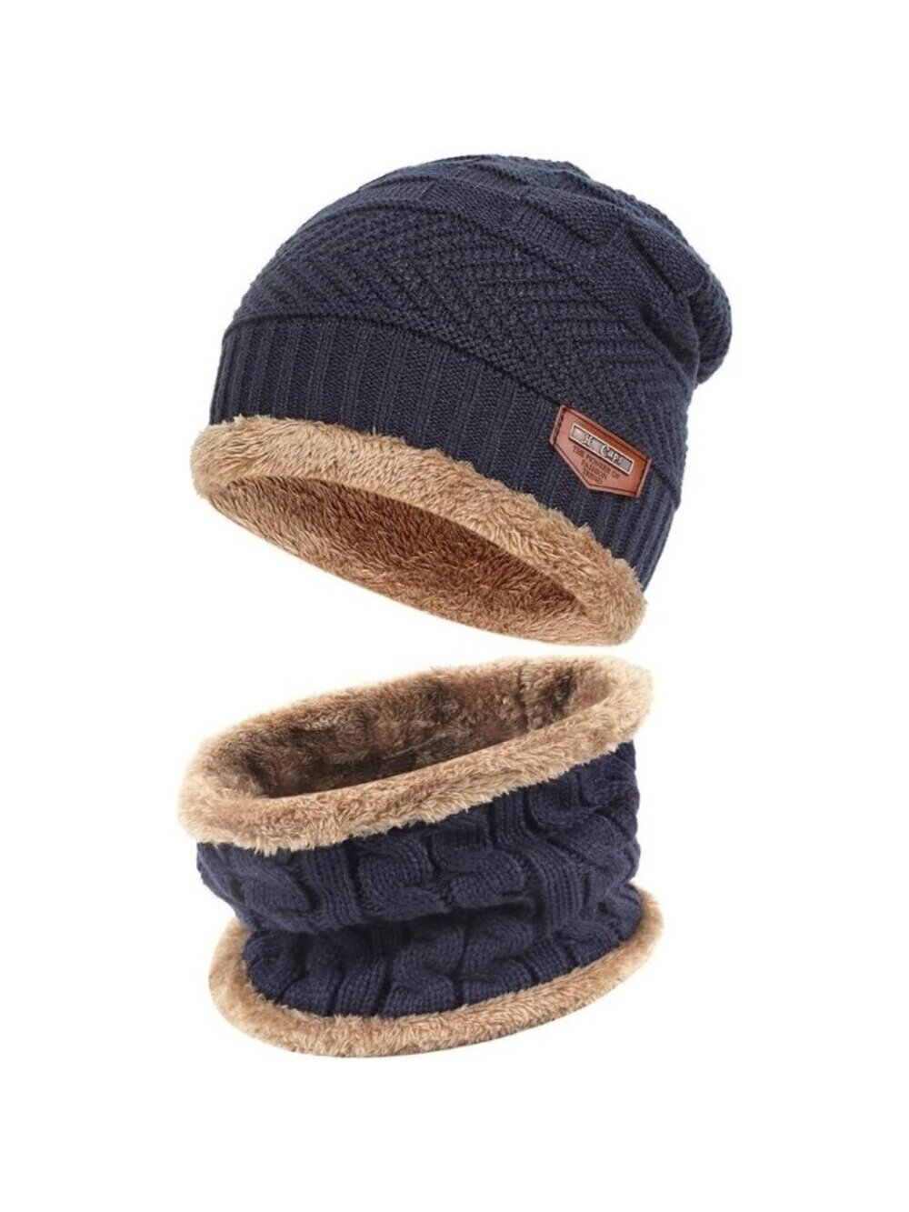 🆕 Men Blue Fleece Lined Winter Cap Beanie Scarf Set Knit Neck Warmer Nice Hat